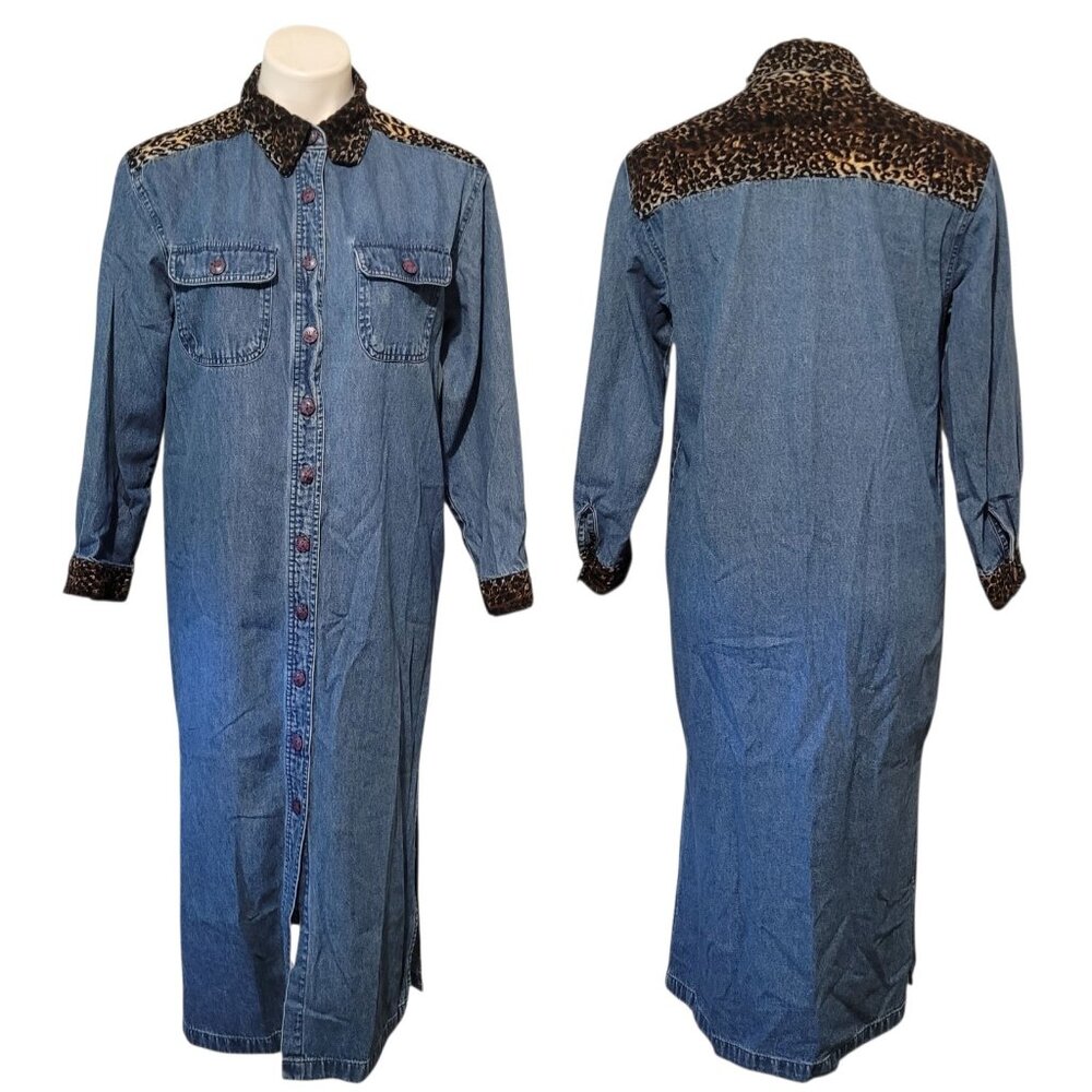 Vintage Denim Dress Animal Print Shoulders Cheetah Size Small Blue J Long Button